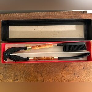 Vintage Brush and Shoehorn Set w/ Horse Head Handle and Bamboo Shaft